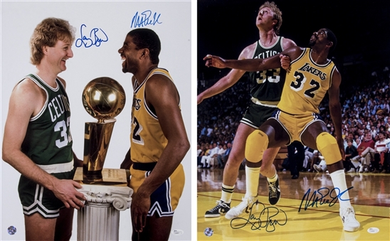 Lot of (2) Magic Johnson and Larry Bird Dual Signed 16x20 Photographs (JSA)